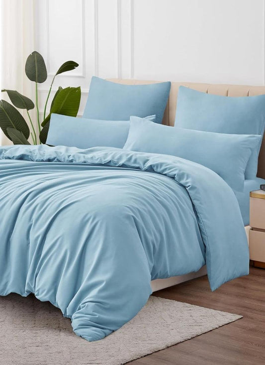 Double Duvet Cover - Plain Dyed Percale Duvet Quilt Cover Navy Solid Soft Double Bedding Duvet Cover Set with 2 Matching Pillowcases -Baby Blue