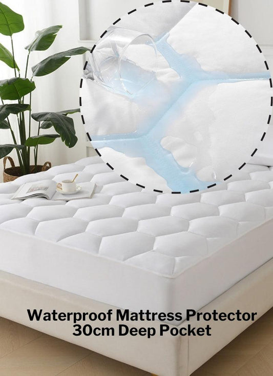 Waterproof Mattress Protector Elasticized Skirt 30cm Extra Deep Rich Quilted Light Weight Soft Luxury Cotton Thin Sheets Fitted Cover Sheet soft flat weave - Hexagonal Design