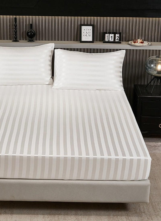Fitted Sheet 300 Thread Count White Satin Stripe 100% Egyptian Cotton Hotel Quality