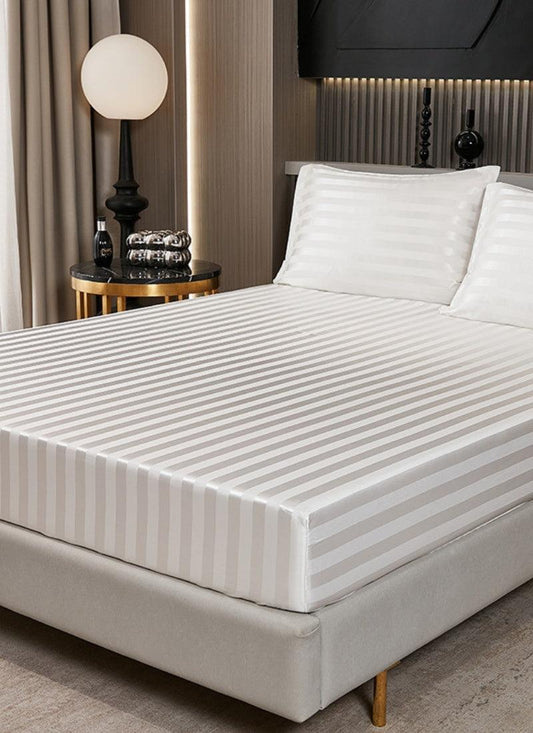 Fitted Sheet 300 Thread Count White Satin Stripe 100% Egyptian Cotton Hotel Quality
