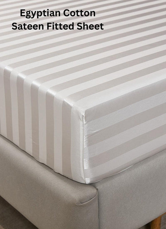 Fitted Sheet 300 Thread Count White Satin Stripe 100% Egyptian Cotton Hotel Quality