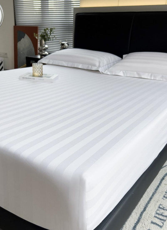 Fitted Sheet 300 Thread Count White Satin Stripe 100% Egyptian Cotton Hotel Quality